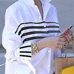 Flared Sleeves Long Sleeves Buttoned Contrast Color Split-Joint Striped Stand Collar Blouses&Shirts Tops