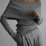 Long Sleeves Loose Solid Color Off-The-Shoulder Pullovers Sweater Tops