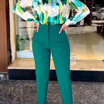 Long Sleeves Buttoned Printed Lapel Blouses Top + High Waisted Pants Bottom Two Pieces Set