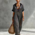 Women's Minimalist, Slightly Sheer, Knitted, Loose-fitting, Collared, Short-sleeved Maxi Dress