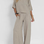 Linen Blend Solid Color Casual Round Neck Top and Loose Wide-leg Pants Set