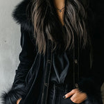 Elegant Tailoring Long Black Velvet Coat With Eco Fur Collar & Cuffs
