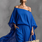 Women's Royal Blue Sheer Chiffon Jumpsuit With Off-the-Shoulder & Batwing Sleeves, Timeless Romantic-Boho Style Jumpsuit