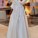 High Waisted Puff Sleeves Falbala Solid Color V-Neck Maxi Dresses