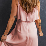 Light Pink Spaghetti Straps V Neck Ruffled Split Long Dress