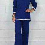 Solid Color V-neck Long-sleeved Loose Top and Elastic Waist Wide-leg Pants Set