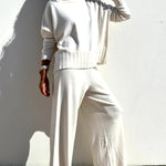 Elegant Two-piece Set Round Neck Sweater and Wide Leg Pant Outfits