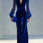 Vintage Elegant And Exquisite V-neck Mesh Long-sleeved Royal Blue Velvet Jumpsuit