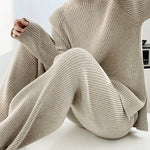 Solid Color Knitted Two Piece Casual Loose Loungewear Knit Sweater&Pants Set