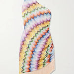 Eline Knit Colorful Zigzag PatternOne Shoulder Ruched Tassle Trim Mini Dress