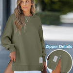 Letter Patch Detail Long Sleeve Drop Shoulder Pullover Sweatshirt Casual Zipper Side Slit Top