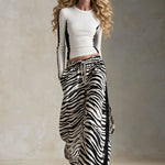 Retro Black And White Color-Blocked Knit T-Shirt And Zebra-Print Faux Suede Trim Pants Set