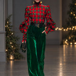 Trendy Retro Plaid Velvet Turtleneck Long-sleeved T-shirt And Wide-leg Pants Set
