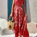 Summer in Greece Boho Print Ruffle Sleeve Elastic Waist High-low Midi Dress