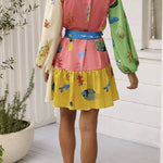 Graffiti Print Lace-Up Cardigan Loose Short Dress with Wide Hem