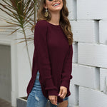 Nadorine Crew Neck Long Sleeve Slit Pullover Knit Sweater
