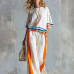 Casual Urban Style Contrast-Trimmed White T-Shirt & Wide-Leg Pants Cotton-Linen Set