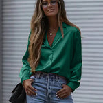 Nadorine Long Sleeve Shirts Casual Lapel Collar V Neck Single Breasted Tunic Blouse