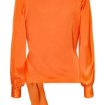 Satin Solid Color V-neck Tie Up Long Sleeve Loose Shirt