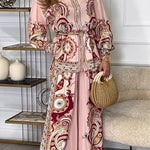 Unique Print Lapel Long Sleeve Tie Waist Shirt and Elastic Waist Pocket Wide Leg Pants Set