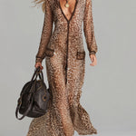 Fashionable And Elegant Brown Chiffon Leopard Print Long Sleeve Maxi Dress