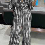 Striped Print V-Neck Lace-Up Casual Wide-Leg Jumpsuit