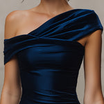 Midnight Asymmetrical Ruched Midi Dress