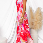 One Shoulder Sleeveless Print Asymmetric Maxi Pleated Dress