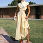Stand Collar Solid Color Hollow Waist Long Dress