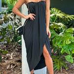 BLACK STRAPLESS RUCHED DRESS