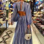 Geometric Print Cut Out Elastic Waist Backless Maxi Dress