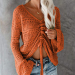 Front Tie Crop Knits Tops Ruched Drawstring Knitted V Neck Long Sleeve T Shirts