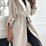 Effortless and Warm Textured Fabric Drawstring Waist Pocket Hooded Midi Coat