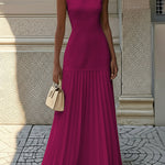 Sleeveless Gauze Pleated Solid Color Split-Joint Boat Neck Evening Dresses Maxi Dresses