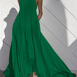 Loose Sleeveless Pockets Solid Color Split-Joint Round-Neck Maxi Dresses