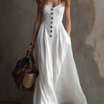 Vintage Pleated Waist Cotton Linen Maxi Dress