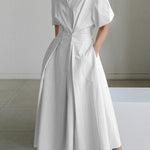 High Waisted Loose Pleated Solid Color V-Neck Midi Dresses