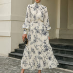 High Neck Tiered Floral Midi Dress