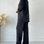 Simple Casual Two-Piece Set Lapel-Neck Shirt+Wide-leg Pants