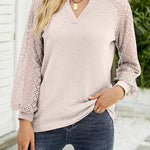 Waffle Grace Stitching Long Sleeve V-Neck T-Shirt Top Women