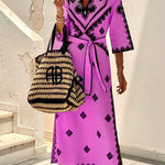 Margovil V Neck Tie Waist Side Split Bohemia Printed Maxi Dress
