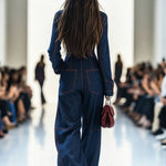 Casual Loose Retro Red Topstitched Denim Wide Leg Long Sleeve Jumpsuit