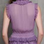 Romantic Boho Zip-Front Chiffon Top With Lace Hem