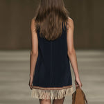 Western Retro Faux Suede Bohemian Style Embroidered Tassel Sleeveless Mini Dress