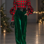 Trendy Retro Plaid Velvet Turtleneck Long-sleeved T-shirt And Wide-leg Pants Set