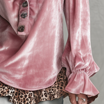 Retro V-neck Leopard Print Ruffled Hem Velvet Shirt