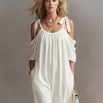 Women's Off-White Woven Dress With Oversized Silhouette & Side Pockets, Sophisticated Resort-Casual Style Dress