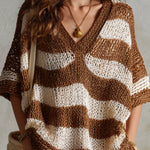 Retro Striped Knitted Batwing Sleeve Sweater & Shorts Set