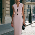 Sleeveless V-Neck Button-Front Tailored Midi Dress