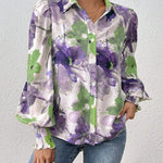 Long Sleeves Loose Buttoned Elasticity Flower Print Pleated Lapel Blouses&Shirts Tops